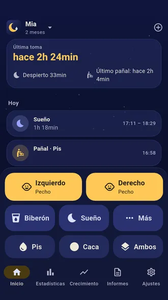 Pantalla de inicio de Nightfeed: tiempo desde la última toma, botones de pecho izquierdo y derecho, biberón, sueño y pañal mojado o sucio