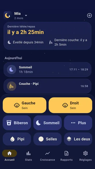 Écran d'accueil de Nightfeed : temps depuis la dernière tétée, boutons sein gauche et droit, biberon, sommeil, couche mouillée et sale