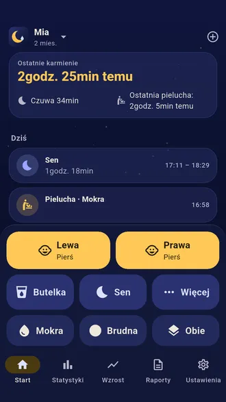 Ekran główny Nightfeed: czas od ostatniego karmienia, przyciski lewej i prawej piersi, butelka, sen oraz mokra i brudna pieluszka