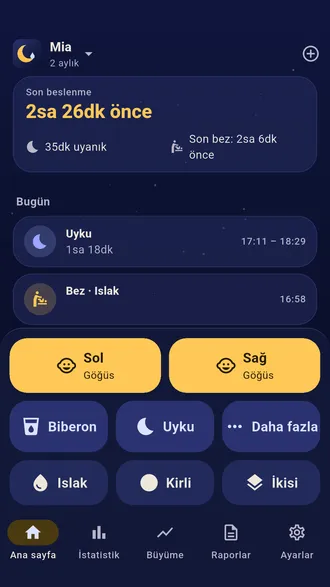 Nightfeed ana ekranı: son emzirmeden bu yana geçen süre, sol ve sağ göğüs, biberon, uyku, ıslak ve kirli bez düğmeleri