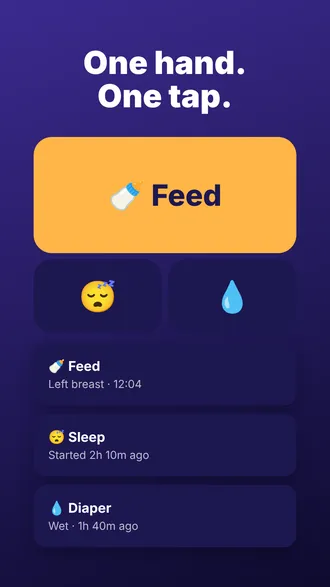 Nightfeed home screen with a large Feed button, sleep and diaper buttons and a recent activity list