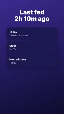 Nightfeed summary showing time since last feed, sleep total and diaper count for today