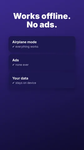 Nightfeed offline and no-ads panel: airplane mode works, no ads, data stays on the device