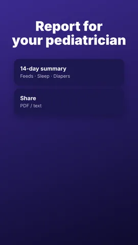 Nightfeed 14-day pediatrician report summary with share as PDF or text